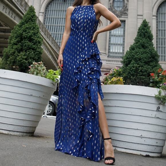 Betsy & Adam Karina Chiffon Foil Ruffle Halter Tie Evening Dress Blue Size 18W - Picture 1 of 13